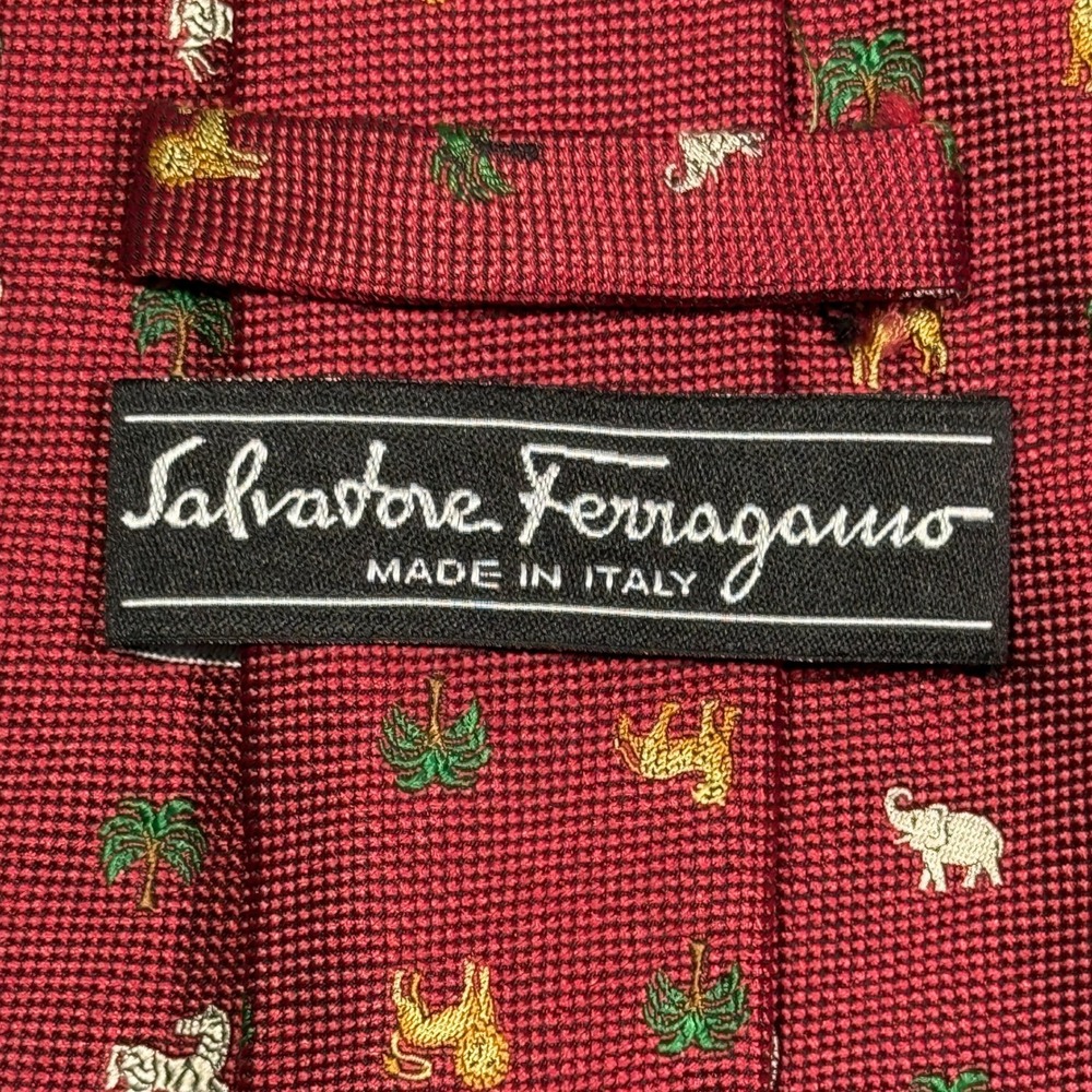 Vintage (90s) Salvatore Ferragamo Mens Tie | Burgundy Silk Safari Animal Print